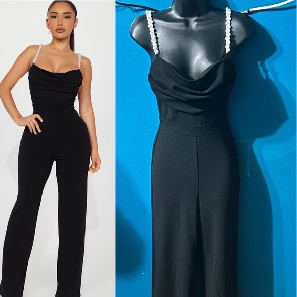 Black Jumpsuit with pearl shoulder straps - Picture 1 of 6